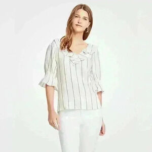 Ann Taylor women’s blouse light, breezy ivory striped with gold  thread size sm